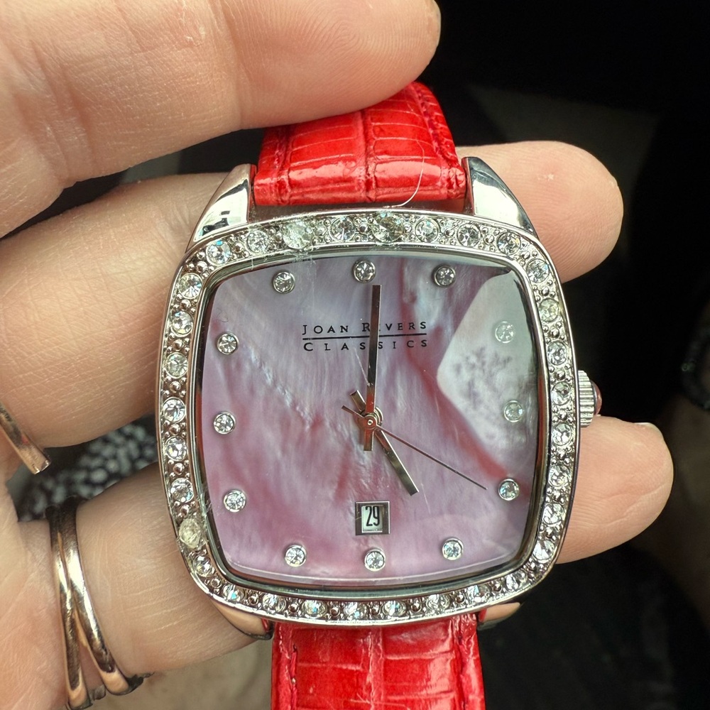 Joan Rivers Vintage Red Strap Watch with Silver and Pink Mother of Pearl Face